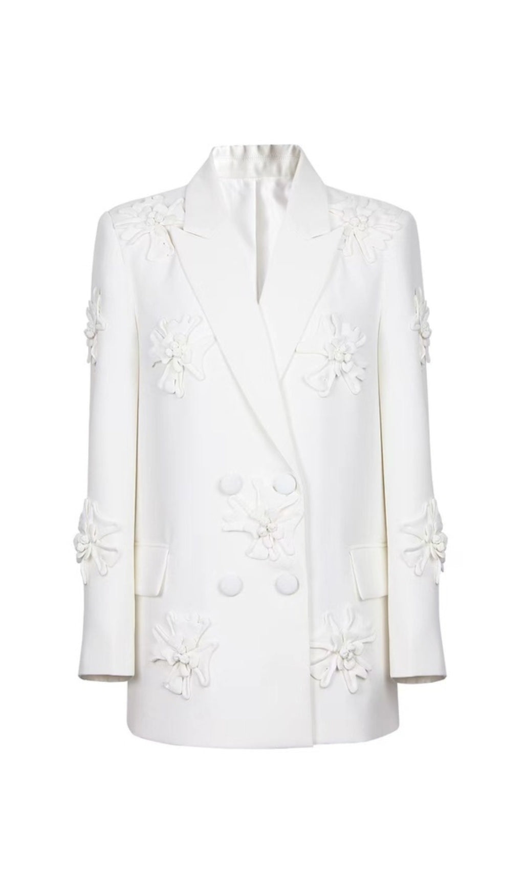 Double-Breasted Three DIMENSIONAL Floral Suit Jacket In White