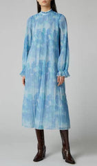 Floral Print Pleated Midi Dress In Blue