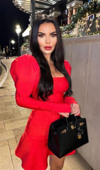 Red Puff Sleeve Mini Bandage Dress
