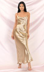 Gold Satin Loose Slip Sleeveless Backless Maxi Dress