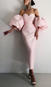 Off Shoulder Backless Puff Sleeves Midi Dress