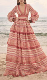 Deep V Tassel Blouson Sleeves Maxi Dress