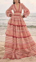 Deep V Tassel Blouson Sleeves Maxi Dress