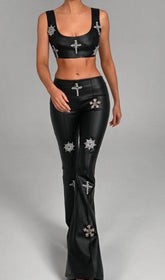 Crystal EmbelliSHMENTS LeaTher Two Piece Suit In Black