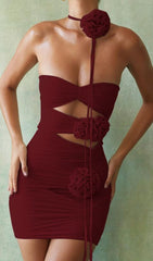 Wine Floral EmbelliShed Mini Dress