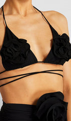 Floral Applique TRIANGLE Bikini Suit In Black