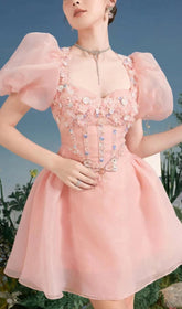 Three-DIMENSIONAL Flower Embroidery Mini Dress