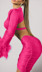 Shoulder Pad Waist Baring FeaTher Blouse Pleated Dress In Pink