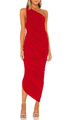 One-Shoulder Pleated Mesh Maxi Dress In Red