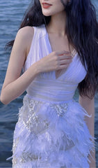 FeaTher Pleated Lace Dress In White