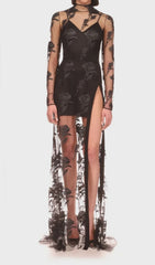 Embroidered Mesh Floral Maxi Dress In Black
