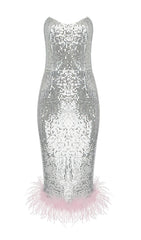 Strapless Sequin FeaTher Midi Dress In Silver