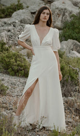 Deep V High Split Maxi Dress In White