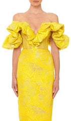 Jacquard Strapless Lace Midi Dress In YelLow