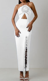 Floral EmbelliShed Slit Midi Dress In White