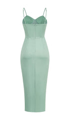 Green Satin SweeTheart Neck Corset Front Split Maxi Dress