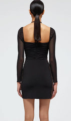 Black Halter Long Sleeve Mesh Lace UP Mini Dress