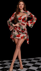 Rose Print Cut Out Draped Mini Dress