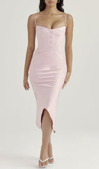 PERIWInKLE Satin Corset Midi Dress In Pink