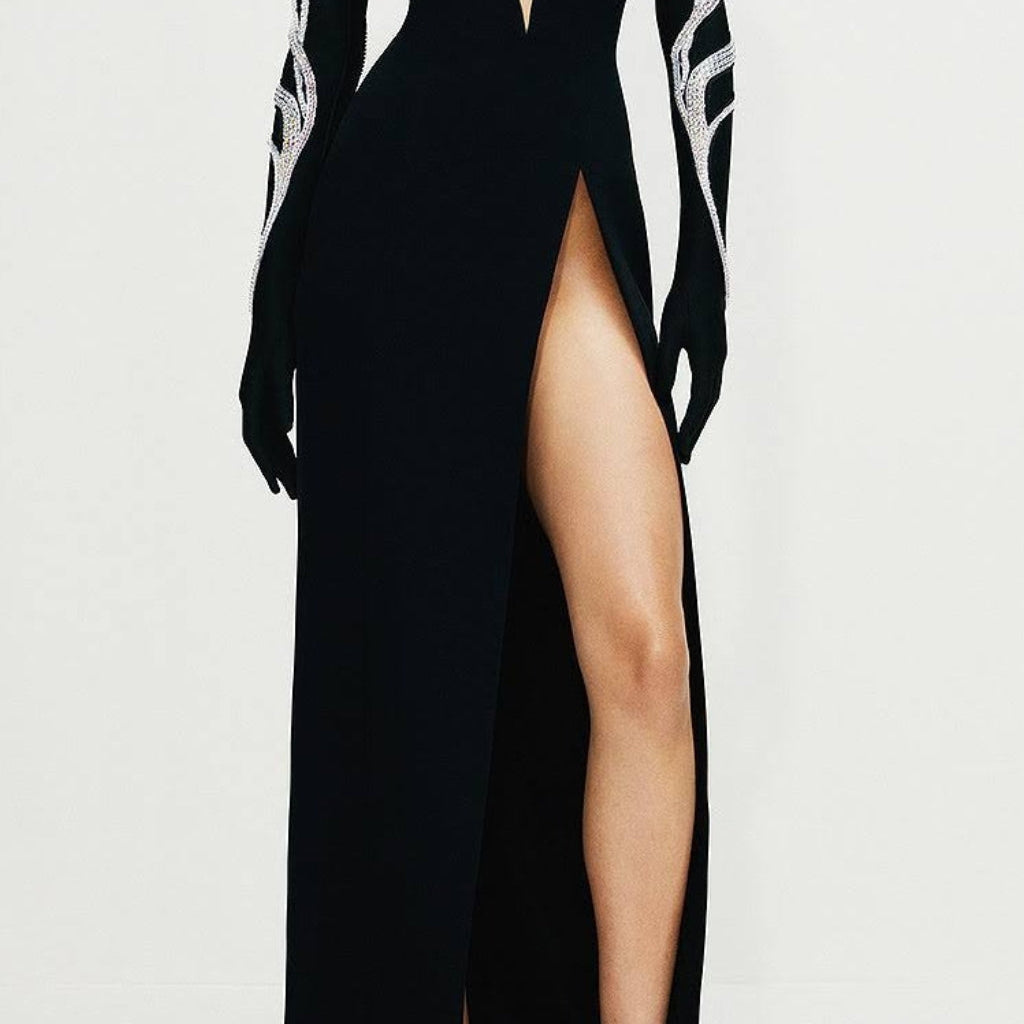 Off Shoulder Long Sleeve Maxi Forward Fork Bandage Dress