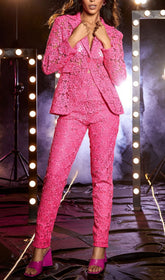 Lace Hollow Blazer Set In Hot Pink