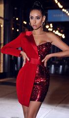 Red One Shoulder Sequin Blazer Dress
