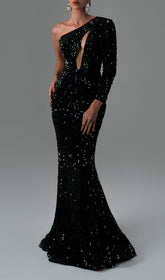 One Shoulder Sequin Maxi Dress - Black