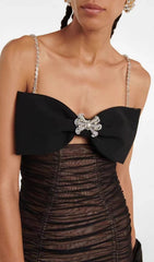 Bow Mesh Strappy Midi Dress In Black
