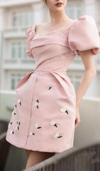 Pink Princess Sleeves Ruched Mini Dress