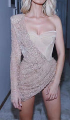 Khaki Shiny Sequin Bandage Mini Dress