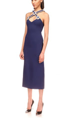 Halter Crystal Midi Dress In Deep SEA Blue