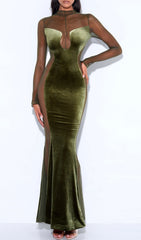 Olive Green Velvet Mesh Long Sleeve Gown
