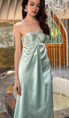 Satin Halter Maxi Dress In Green