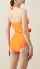 Halter Cutout 3D Flower Decor One Piece Swimsuit And Sarong