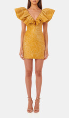Jacquard Lace UP Mini Dress In Tan