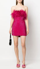 Sequin FeaTher Strapless Mini Dress In Hot Pink