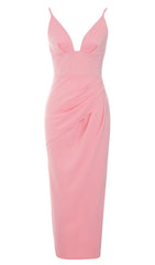 Satin Strapy Split Midi Dress In Pink