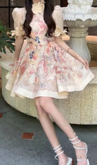 Beige Printed Flower Mini Dress