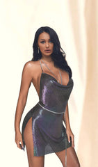 Thea Metallic Mesh Halter Mini Dress