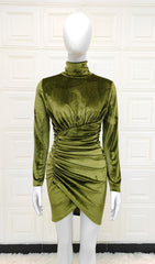 Green Velvet Ruched Long Sleeve Mini Dress