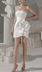 Appliqued Satin Mini Dress In White