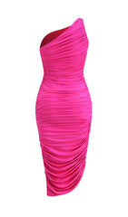 Pleated Sleeveless One-Shoulder Dress In Pink