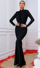 Black Long Sleeve Draped Mermaid Maxi Dress