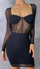 Black Diamond Long Sleeve Mesh Corset Mini Dress