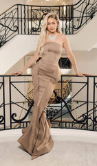 Satin Strapless Mermaid Maxi Dress In Beige