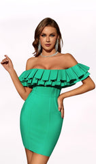 Off Shoulder Ruffles Green Mini Bandage Dress