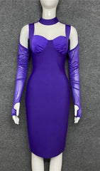 Purple Long Sleeves Cutout Midi Bandage Dress