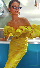 Jacquard Strapless Lace Midi Dress In YelLow