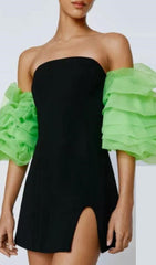 Organza Puff Sleeve Mini Dress In Black