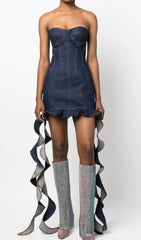Strapless Draped Ruffle Denim Dress